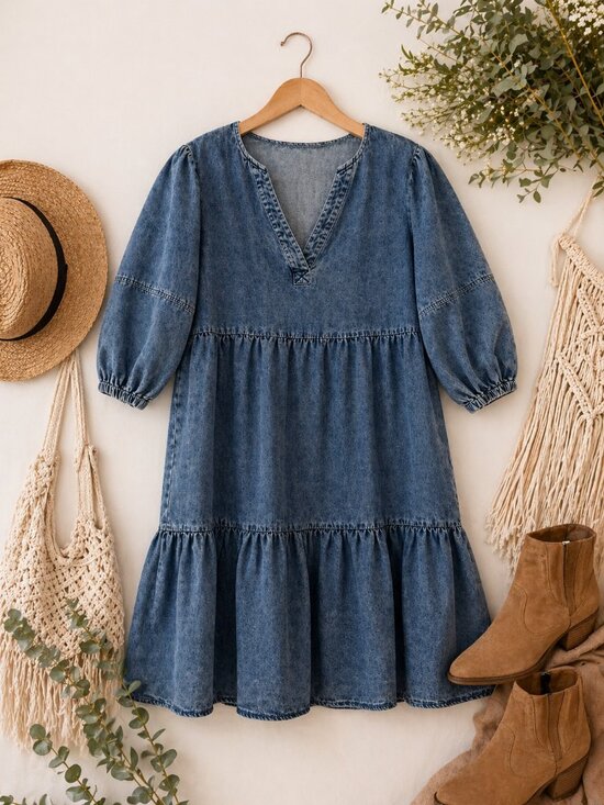 Cupshe Dresses & Skirts - Cupshe Denim Blue Cotton Babydoll Dress NWT Size Medium Boho Tiered Mini